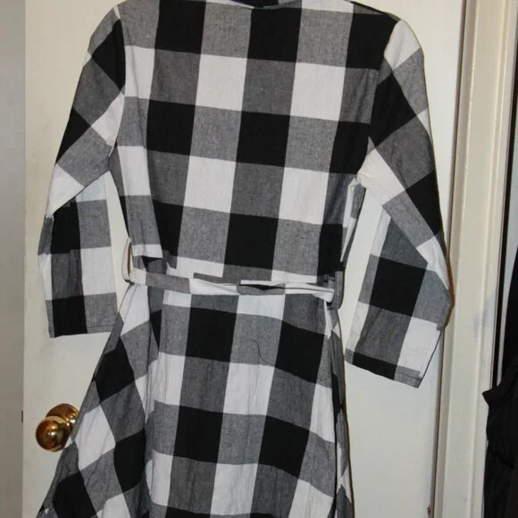🏁 Checker black & white Petite fit long sleeve cotton dress with Buttons +belt - Picture 4 of 8